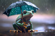Wetterfrosch im Regen mit Schirm, generative AI