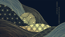Vector Abstract Japanese Style Landscapes Lined Waves In Black And Gold Colours	