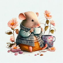 Elegant And Endearing Little Mouse In Plaid Shirt, Sitting Drinking Tea Or Coffee, Surrounded By Beautiful Flowers. Image For Scrapbooks, Invitation Cards And Decorating. Generative AI.