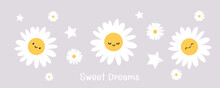 Chamomiles Daisy Flower Icons And Stars On Grey Background Vector. Cute Childish Print.