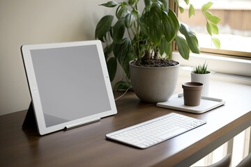 Poster - Tablet with a blank white screen, magic keyboard, device, and house on a wooden table in the living room. Generative AI