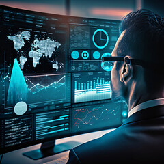 Wall Mural - modern computer virtual dashboard analyzing finance sales data and economic growth graph chart and block chain technology