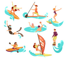 People Characters Doing Water Sport Activity With Turquoise Wave Vector Set