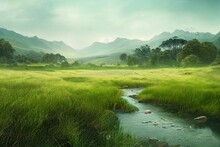New Zealand Countryside Watercolour Landscape Green Brown Tree Grass Field Summer Rural Nature Generative AI Tools Technology Illustration