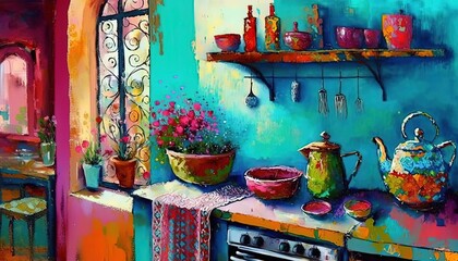 paint like illustration of vintage kitchen , idea for artistic background wallpaper, Generative Ai