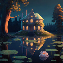 Wall Mural - Fantasy fairytale house inside giant mushroom in fairytale forest ,made with Generative AI