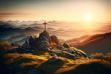 The cross sits at the top of the mountain, and the light shines on Calvary Hill ,made with Generative AI