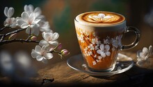 Close Up Latte Coffee With Milk Foam, Generative Ai