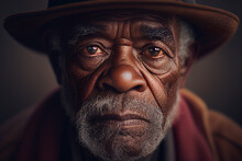 Portrait of old black man with wrinkles and beard wearing a hat looking straight into the camera, illustration generative AI