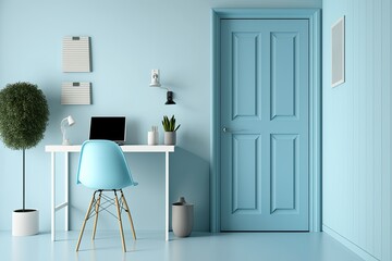 Canvas Print - pastel blue office desk and door. Keep desks and workspaces simple. prototype,. Generative AI