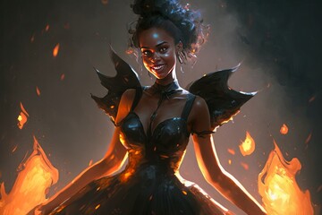 Wall Mural - A young attractive devil daemon succubus girl wearing elegant black dress. Smile. Hellfire on the background