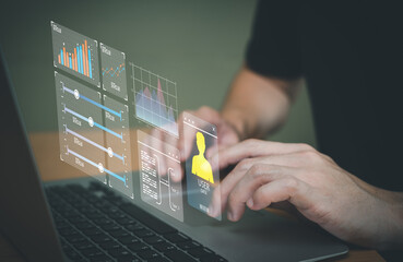 Wall Mural - young entrepreneur using big data analysis and cloud technology to collect customer data and display