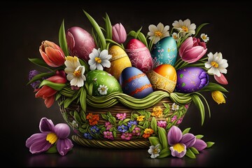 Wall Mural - Colorful Easter eggs with patterns and flowers in a basket on wallpaper background - Generative AI