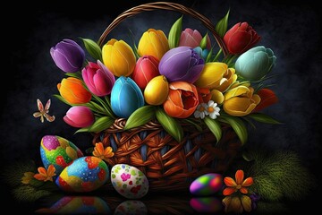 Wall Mural - Colorful Easter eggs with patterns and flowers in a basket - Generative AI