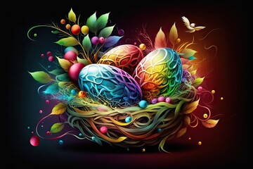 Wall Mural - Colorful neon Easter eggs with patterns in a basket on wallpaper background - Generative AI