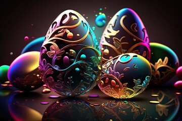 Sticker - Colorful neon Easter eggs with patterns on wallpaper background - Generative AI