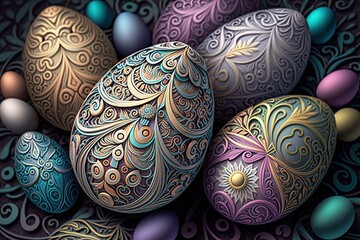 Wall Mural - Colorful pastel Easter eggs with ornate patterns on wallpaper background - Generative AI