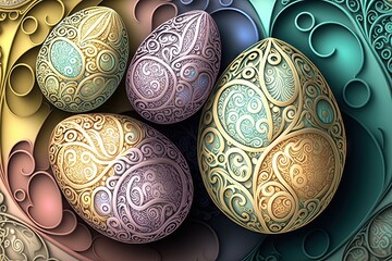 Wall Mural - Colorful pastel Easter eggs with ornate patterns on wallpaper background - Generative AI