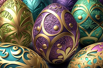 Wall Mural - Colorful Easter eggs with ornate patterns on wallpaper background - Generative AI