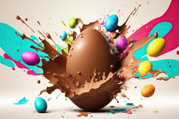 Wall Mural - Chocolate easter egg exploding, vivid color background wallpaper - Generative AI