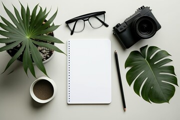 Poster - DIY office desk. White text spacing. Smartphone, plant, office materials. Above. Generative AI