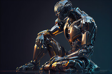 Wall Mural - contemplative metal robot representing artificial intelligence, sitting in blurred darkness. generat