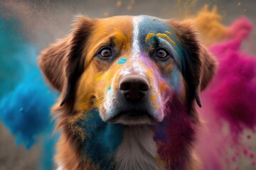 Colorful holi powder blowing up on dog face, holi festival on the background, generative AI