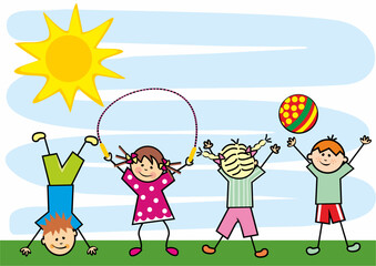 Four sports children on meadow. Boys and girls with ball and jump rope. Doing a handstand. Colour vector illustration on blue background. Sky and sun in background.