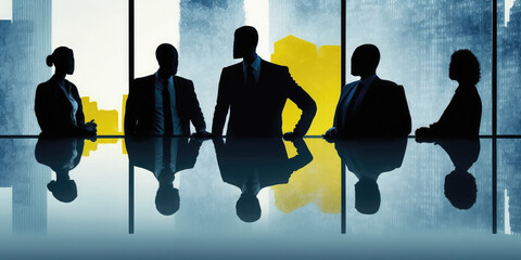 Wall Mural - Silhouettes of businessmen at the negotiating table. Generative ai.