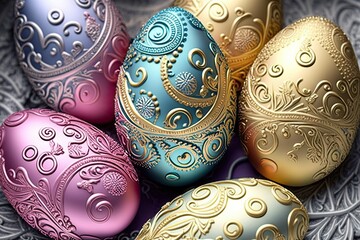 Wall Mural - Colorful Easter eggs with ornate patterns with glowing flowers - Generative AI