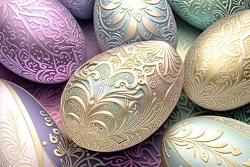 Wall Mural - Colorful pastel Easter eggs with ornate patterns with glowing flowers - Generative AI