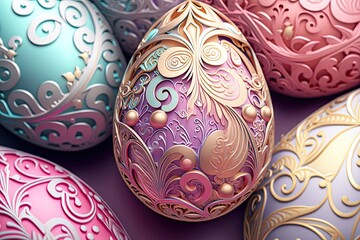Wall Mural - Colorful Easter eggs with ornate patterns with glowing flowers - Generative AI