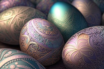 Sticker - Colorful Easter eggs with ornate patterns with glowing flowers - Generative AI