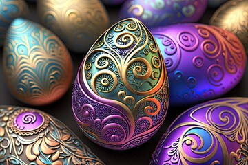 Wall Mural - Colorful Easter eggs with ornate patterns with glowing flowers - Generative AI