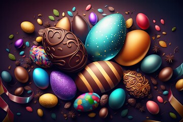 Wall Mural - Colorful chocolate Easter eggs with patterns on wallpaper background - Generative AI