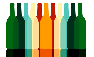 Wine bottles are seen in a colorful silhouette isolated on the background.
