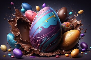 Wall Mural - Chocolate easter egg exploding, vivid color background wallpaper - Generative AI