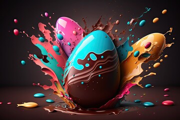 Wall Mural - Chocolate easter egg exploding, vivid color background wallpaper - Generative AI