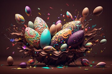 Wall Mural - Chocolate easter egg exploding, vivid color background wallpaper - Generative AI