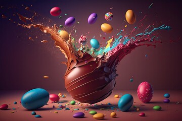 Wall Mural - Chocolate easter egg exploding, vivid color background wallpaper - Generative AI