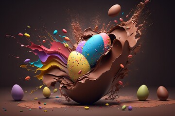 Wall Mural - Chocolate easter egg exploding, vivid color background wallpaper - Generative AI