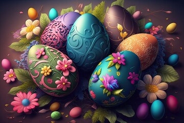 Wall Mural - Colorful Easter eggs with patterns on wallpaper background - Generative AI