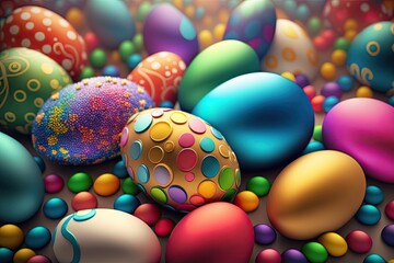 Wall Mural - Colorful neon Easter eggs with patterns on wallpaper background - Generative AI