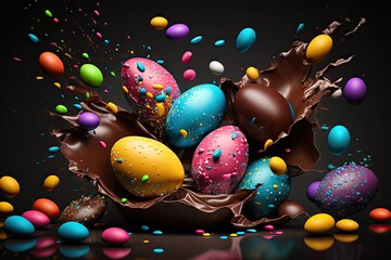 Sticker - Chocolate easter egg exploding, vivid color background wallpaper - Generative AI