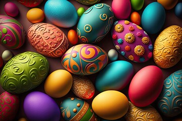 Sticker - Colorful Easter eggs with patterns on wallpaper background - Generative AI