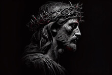 Jesus Christ With The Crown Of Thorns, In Profile On A Black Background. Face Of Jesus Suffering Holy Week Stations Of The Cross.