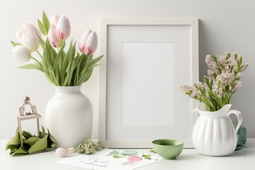 Sticker - Easter-decorated home. Clipboard and vase of pink tulips on a light background mockup. Generative AI