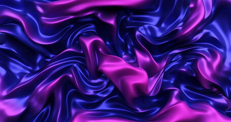 Poster - Liquid metal waves. Purple blue smooth curves. 3d rendering