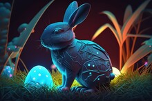 Little Bunny With Decorated Easter Eggs On The Grass. Futuristic Technology Concept In Dark And Blue Light. Vector Illustration