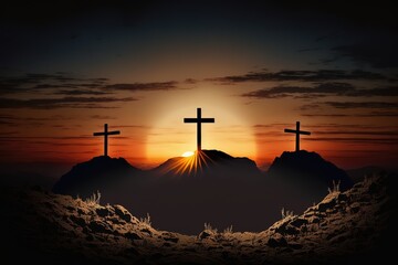 Three crosses on the mountain Jesus Christ on a sunset background